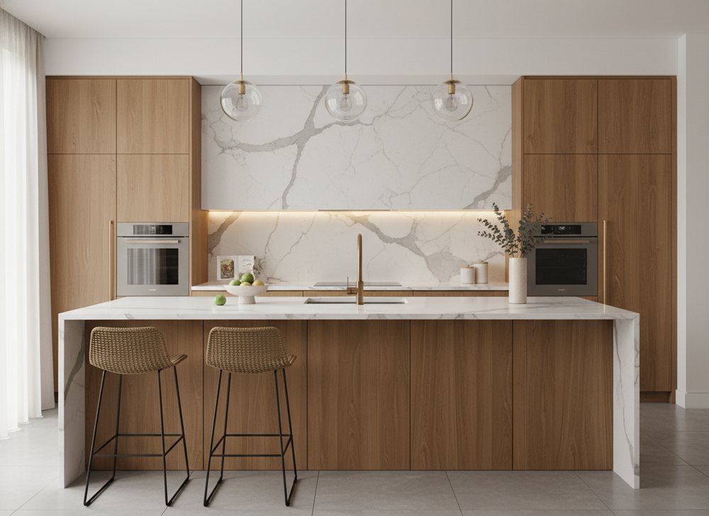 Marble-look quartz · waterfall island