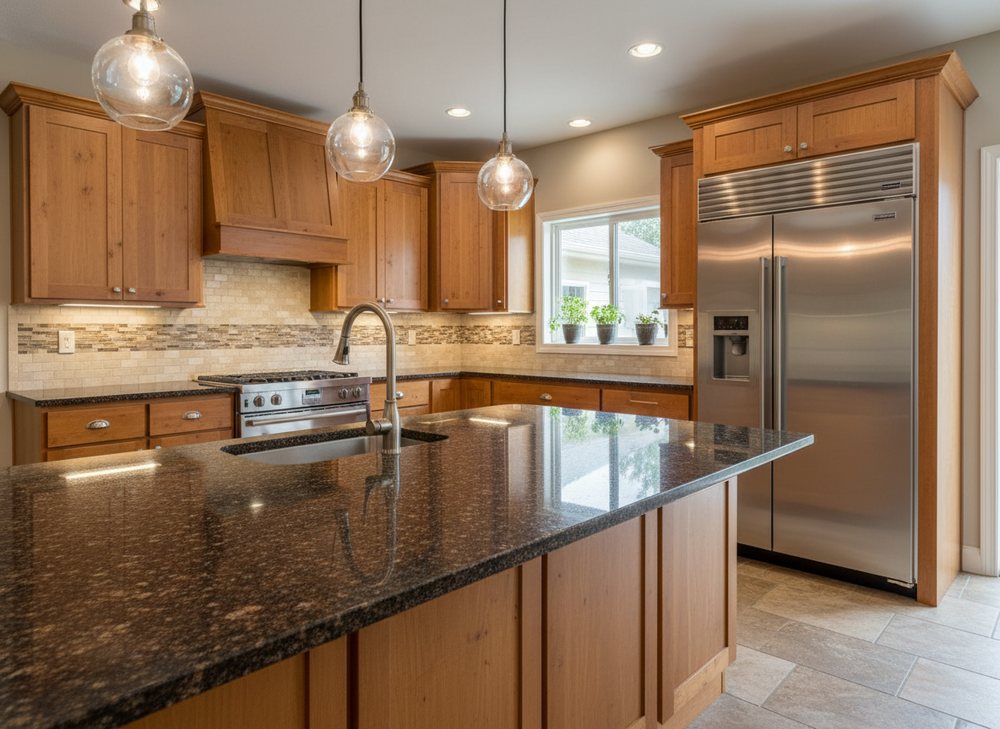 Deep granite · warm wood cabinetry