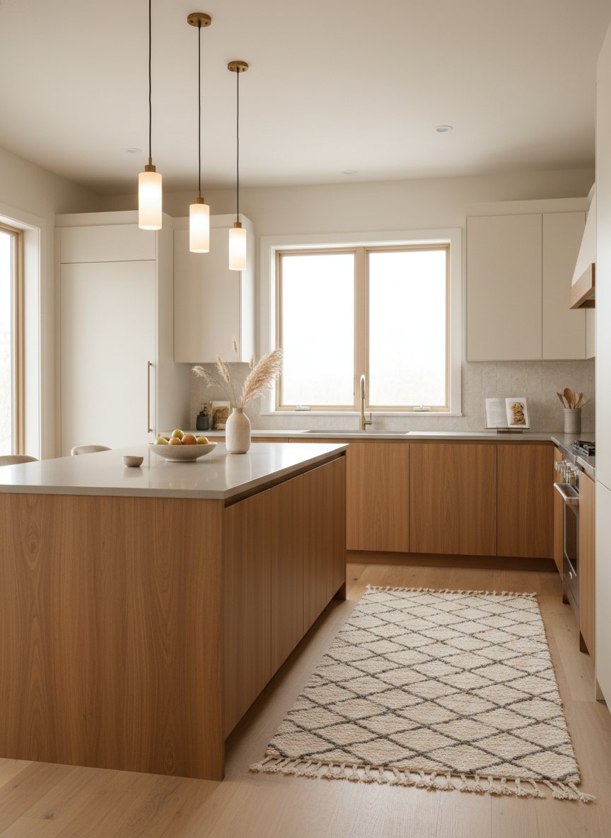 A warm modern kitchen with a marble-look quartz island and full-height backsplash.