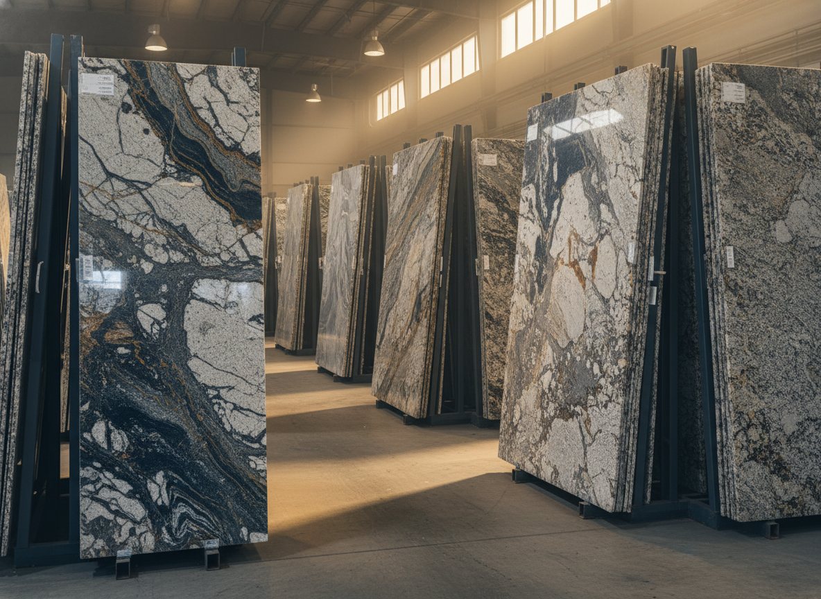 Rows of stone slabs standing in a fabricator's slab yard.