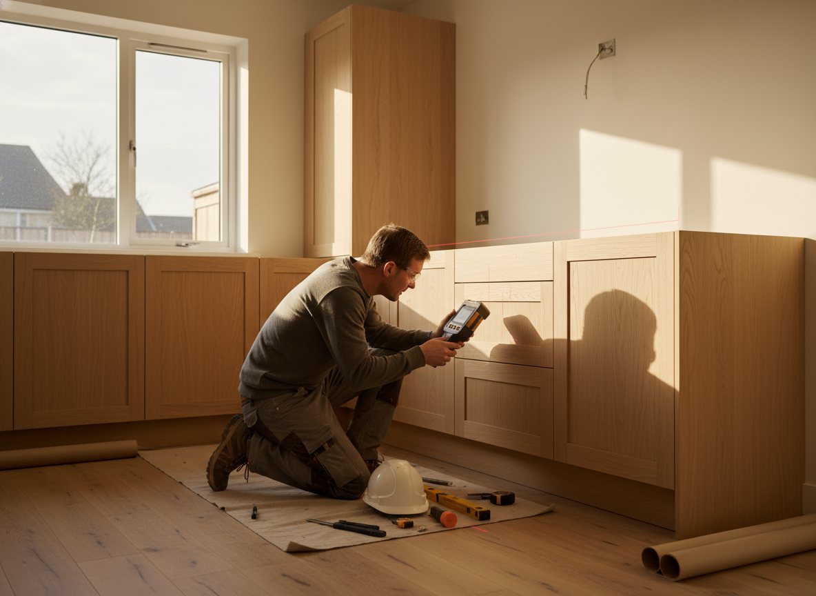 A fabricator digitally templating a kitchen countertop after cabinet installation.